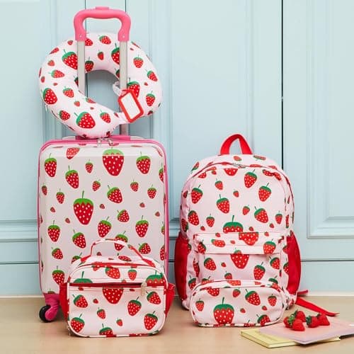 Redbaker 17 Inch 6 Pcs Kids Luggage Set Kids Rolling Luggage Double Pattern Suitcase for Boys Girls (Blush Pink, Strawberry Style) thumbnail 7