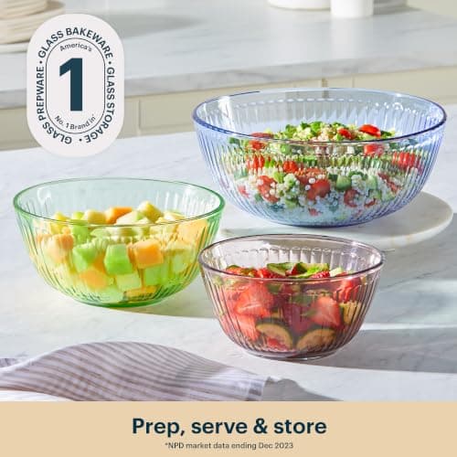 Pyrex Colors Tinted (3-Pack) Sculpted Tinted Unlidded Small/Medium/Large Glass Mixing Bowls, Nesting Space Saving Set of Bowls For Prepping and Baking, 1.3QT, 2.3QT & 4.5QT thumbnail 2