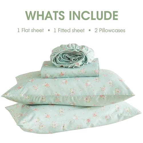HYPREST Mint Floral Sheets Queen Size, Deep Pocket Sheets Soft Breathable Farmhouse 4pcs Bed Sheet Sets thumbnail 8