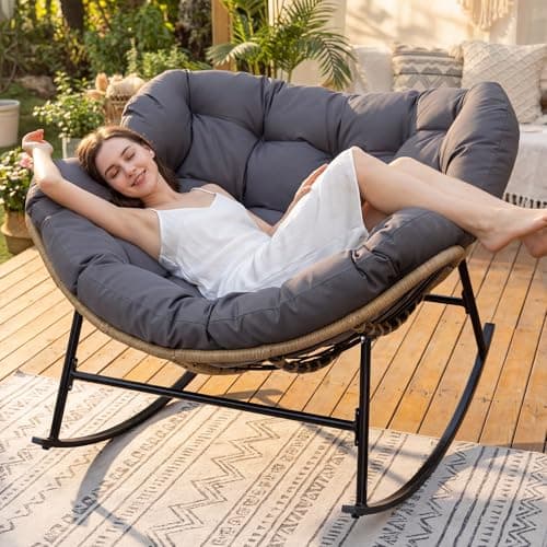NICESOUL Outdoor Papasan Rocking Chair with Cushion, All-Weather Patio Egg Rocker, Oversized Rattan Glider for Reading & Relaxing, Large Comfy Recliner Lounge Chairs for Balcony Garden Backyard, Grey thumbnail 9