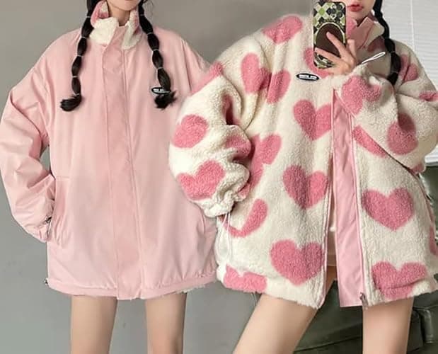 Sumleno Women's Fleece Sherpa Jackets Reversible Kawaii Heart Print Fuzzy Zip Up Cutecore Coats Aesthetic Y2k Gyaru Clothes thumbnail 2
