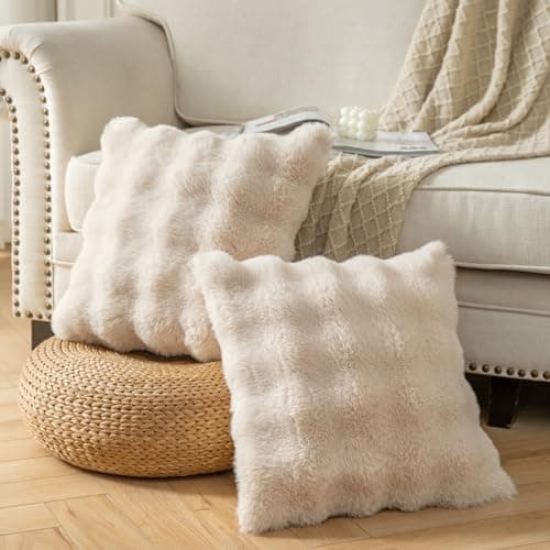 Yaertun Pack of 2 Beige Thick Soft Wool Decorative Throw Pillow Covers 18x18 Inch Faux Fur Plush Fluffy Cushion Covers for Sofa Couch Bedroom thumbnail 4