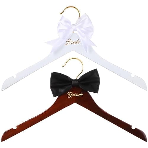 Beeveer 2 Pcs Bride Hanger for Wedding Dress Bride and Groom Wooden Wedding Dress Hanger Set with Bow Tie for Tuxedo Suit Gift Bridal Party Shower - Image 1