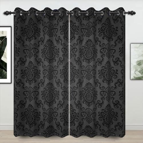 Umpoo Black Damask Floral Blackout Curtain Vintage Classic Flower Pattern Printed Drapes 42 x 84 Inches Window Curtain Set for Living Room Bedroom Kitchen Decor, 2 Panels Grommet Drapes - Image 1