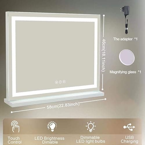 Sucedey Vanity Mirror with Lights, 23" x 18" Makeup Mirror, Hollywood Mirror with 3 Color Modes & Adjustable Brightness, Detachable 10x Zoom Mirror and USB Charging Design (White) - 23L x 18W inches thumbnail 2