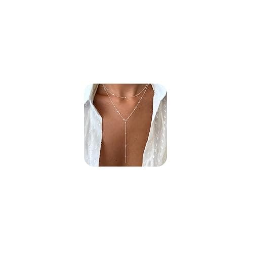 Tewiky Lange Halskette für Damen,Gold/Silber Layering Anhänger Y-Ketten | 14K vergoldete lange Y-Layering Halskette,hautfreundlich & wasserfest,geeignet für Alltag,Feiern und als Geschenk für Frauen - Image 1
