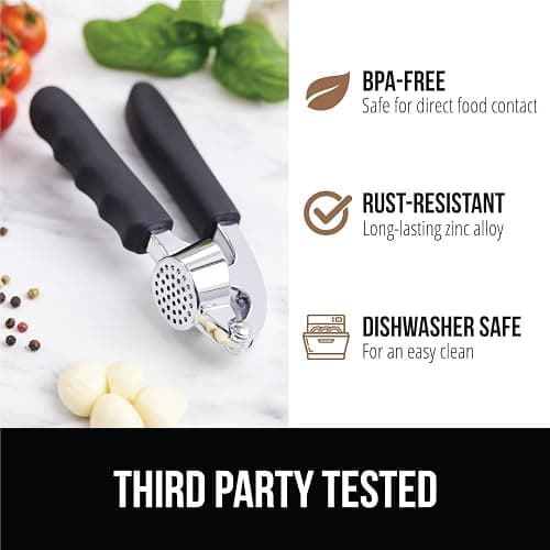 GORILLA GRIP Garlic Press and Peel Set, Heavy Duty Mincer Tool, Large Ergonomic Handle, Easily Mince, Crush Garlics Ginger Nuts, Peeler Included for Peeling Cloves, Holiday Prep Kitchen Gadgets, Black thumbnail 5