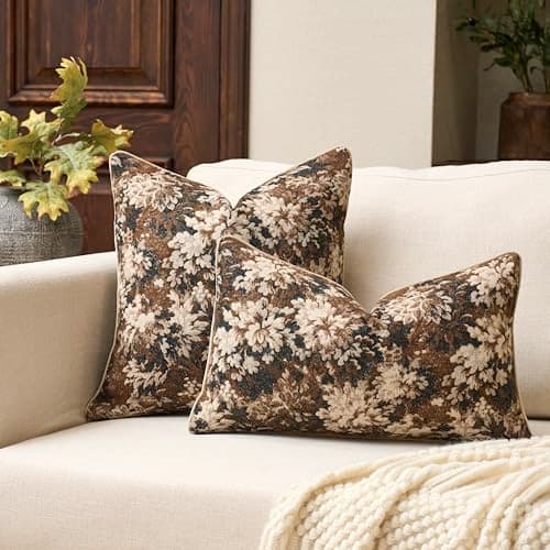 Yangest Neutral Floral Pillow Cover 20 x 20 Inches, Vintage Chenille Square Throw Pillow Cover Soft Decorative Farmhouse Accent Couch Pillow Cover for Living Room Bedroom, Coffee Brown thumbnail 4