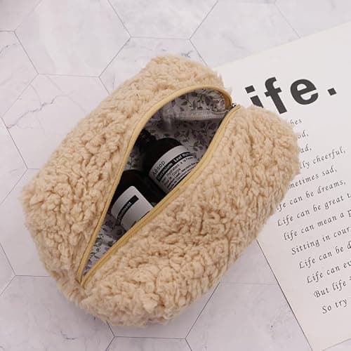 Cosmetic Bags for Women, Fleece Makeup bag Large Aesthetic Travel Toiletry bag Zipper Cosmetic Pouch for Purse Cute Floral Canvas Makeup Organizer Storage Bag Girls Case Bags (Soft Apricot) thumbnail 6
