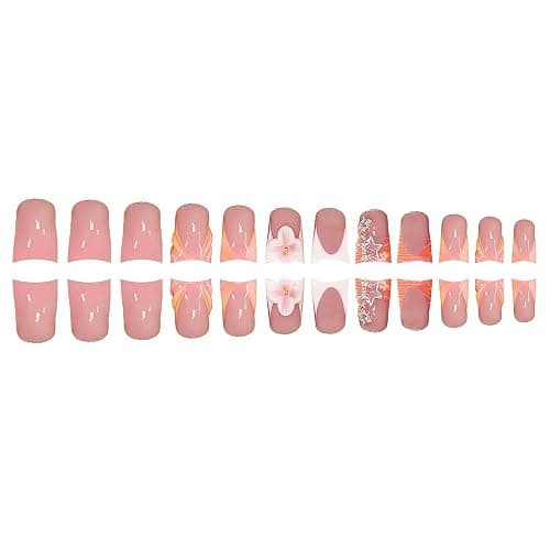 24Pcs Medium Press on Nails Duck Fake Nails Orange French Tip Nails Press on with Charms Star and Flower Designs False Nails Glossy Full Cover Acrylic Nail Glue on Nail for Women Girls thumbnail 4