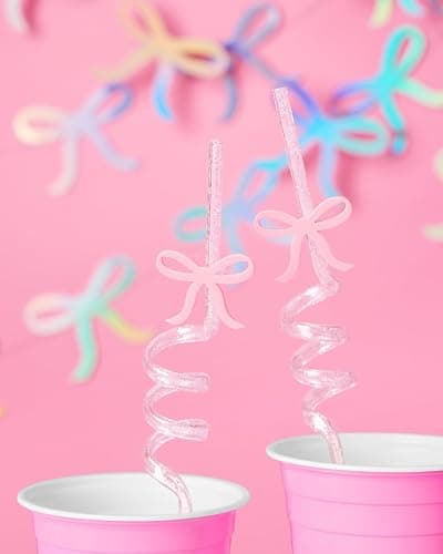 xo, Fetti Bow Reusable Glitter Straw Set - 12 pc | Pretty Bachelorette Decorations, Bow Theme Birthday Party, Bridal Engagement Drinkware, Coquette Cute Supplies, Baby Shower Tableware, Tea Decor thumbnail 5