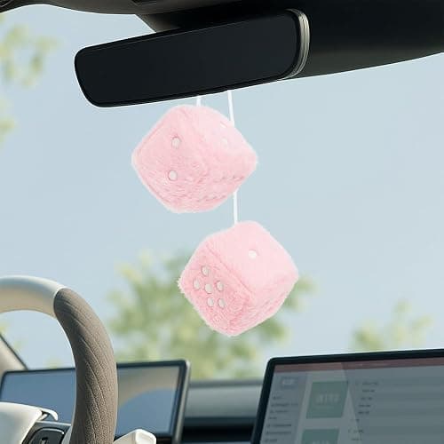 Fuzzy Plush Dice for Car Mirror, Pair of Retro 3” Light Pink Dice with White Dots for Car Interior Hanging Ornament Decoration (Light Pink) thumbnail 6