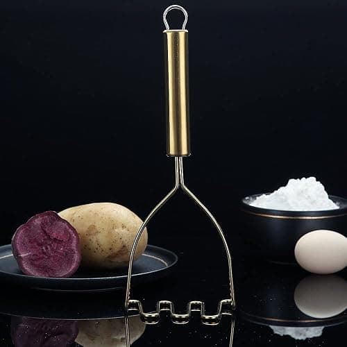 Gold Potato Masher, Stainless Steel Heavy Duty Metal Potato Ricer With Titanium Golden Plating, Food Masher Utensil, Hand Masher, Vegetables Fruits Mashe, Dishwasher Safe (9.6 Inch) thumbnail 2
