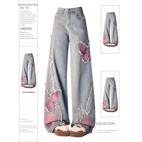 Y2K Baggy Jeans for Women High Waisted Wide Leg Patchwork Butterfly Print Denim Pants Streetwear Distressed Trousers thumbnail 5