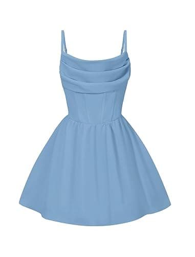 EXARUS Girls Spaghetti Strap/Long Sleeve Dress Ruched Formal Graduation Tween Prom Dance Homecoming Party Dresses - Spaghetti Strap - 10 Years - Spaghetti Strap Blue