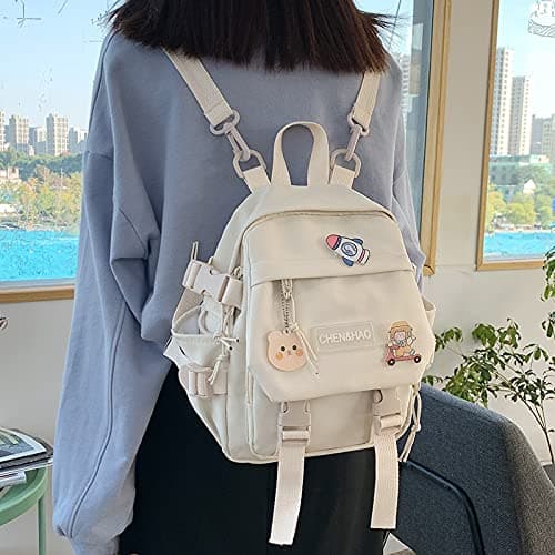 PEXIZUAN kawaii backpack girl school bag waterproof nylon with kawaii pendant cute pin mini backpack(white) thumbnail 2