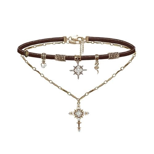 Retro stylish Star Cross Pendant Necklace Faux Leather Women's Collar Personalized Double Layer Necklace M2592 - Image 1