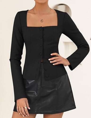 ZESICA Women's Spring Square Neck Blazers 2026 Casual Long Sleeve Button Up Work Business Fitted Blazer Jackets thumbnail 2