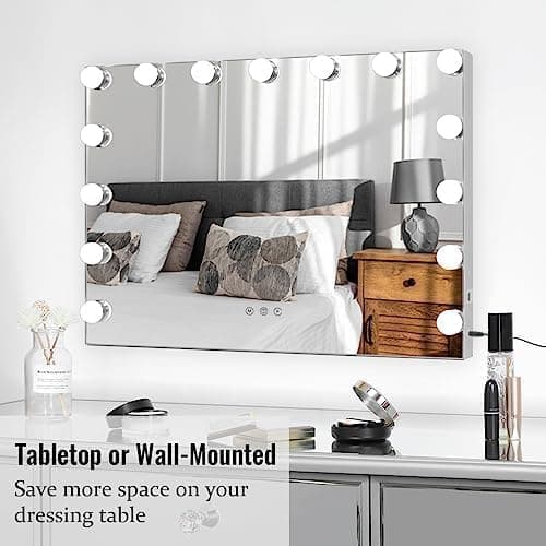 BLC Hollywood Vanity Mirror with Lights, Makeup Mirror with 15 Upgraded Dimmable LED Bulbs, 3 Lighted Color with 10X Magnification Mirror, USB Charging Port, Tabletop and Wallmounted (White, 55x45cm) thumbnail 5