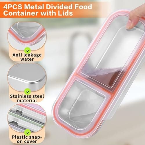 YJSLICT 4 Pack Stainless Steel Snack Containers with Lids, 3-Compartments Reusable Lunch Box for Adults, Food Storage Containers Divided Meal Prep Box for Home, Work, Travel thumbnail 3