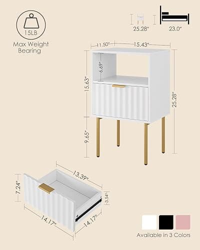 AEPOALUA Nightstand,Modern Bedside Table with Gold Frame,White Night Stand,Bedside Furniture, Modern Side Table with Drawer and Shelf for Bedroom,Living Room (White) thumbnail 2