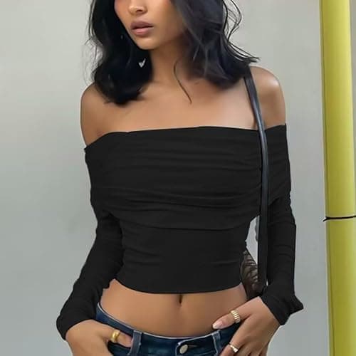 ORANDESIGNE Damen Sexy Off Shoulder T-Shirt Langarm Schlank Crop Top Y2K Vintage Harajuku T-Shirt Oberteile Langarmshirt Casual Shirt Tunika Bluse Langarmtops Lässig T-Shirts thumbnail 2