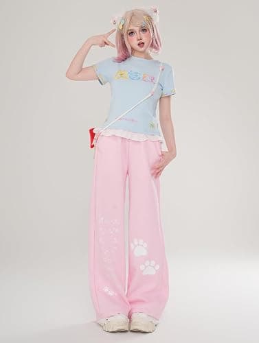 Womens Y2K Kawaii Lace Sweatpants Elastic Drawstring Loose Fit Casual Cat Graphic Cute Straight Leg Pants thumbnail 6