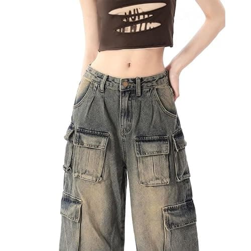 Hugboom Baggy Cargo Pants for Women Girls Wide Leg Jeans Y2k Hip Hop Streetwear Low Rise Oversized Jeans Grunge Clothes Blue thumbnail 5