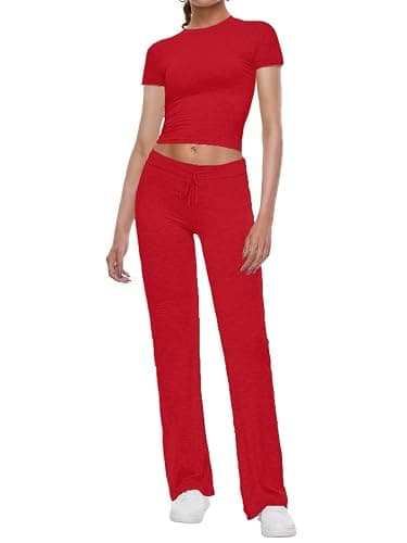 AnotherChill Women's 2 Piece Lounge Sets Straight Leg Pants Set Short Sleeve Crop T-shirt Casual Outfits Comfy Loungewear - Image 1