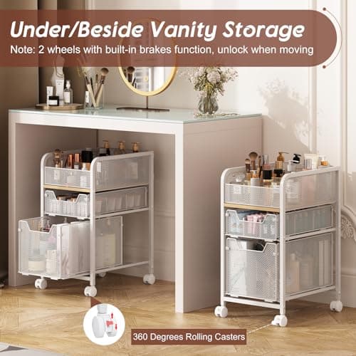 Hongtamoya Rolling Makeup Cart Organizer with 2 Drawers, Narrow Floor Skincare Organizers, Vanity Organizer Cosmetics Display Cases Holder for Skin Care Nail Polish Perfume Makeup Brush, White thumbnail 3