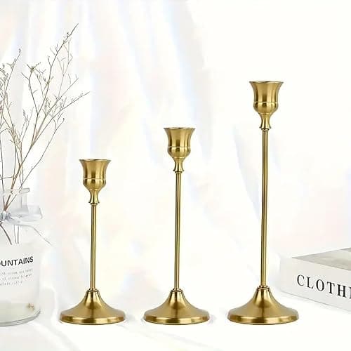 4 Sets(12 Pcs) Candle Stick Holders，Brass Gold Metal Taper Candle Holders, Vintage Modern Decorative Centerpiece Candlestick Holders for Table Mantel Wedding Housewarming Gift thumbnail 5