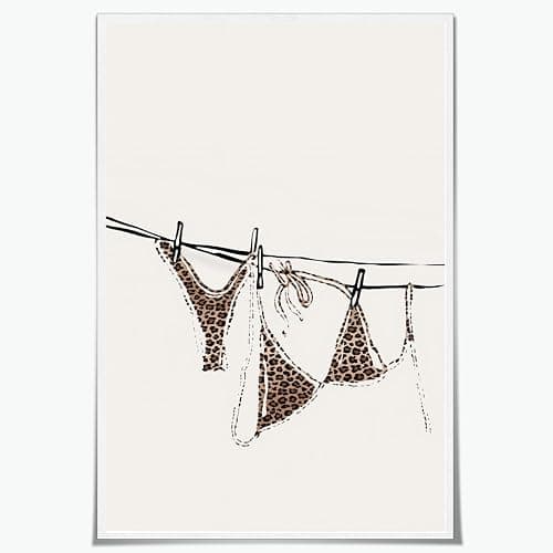 Leopard Bikini Poster Trendy Preppy Beachy Wall Art Coastal Aesthetic Canvas Print Cheetah Bikini on Clothesline Summer Painting Picture Girly Room Dorm Beach Bathroom Decor 12x18inch Unframed - Image 1