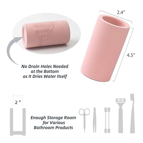 HouseSister Fast-Drying Diatomite Toothbrush Holder - Bathroom Countertop Organizer Stand for Toothpaste, Makeup Brushes, Razors & Accessories (Pink) thumbnail 3