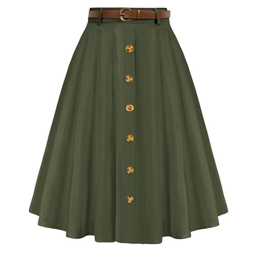 Belle Poque Women's Vintage Stretch High Waist A-Line Flared Midi Skirts with Pockets & Belts - Image 1