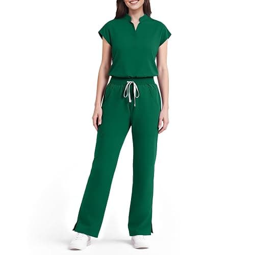 Dvoliaw Scrubs for Women Set, Sleeveless 9-Pocket Straight Leg Yoga Waist | Stand-up collar top, straight leg pants w/ side slits. Soft stretch knit. Yoga waist. Wrinkle-free. For nurses/docs/vets. - Image 1