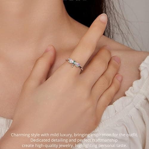 Cute Dragonfly Adjustable Ring 925 Sterling Silver Colorful Cubic Zirconia Stackable Open Finger Band Rings Promise Statement Daughter Birthday Valentine's Day Jewelry Gifts for Women Girlfriend thumbnail 2