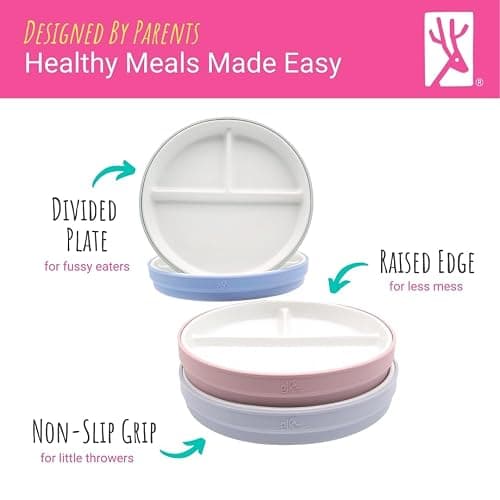 Elk and Friends Kids 6.7” Porcelain Divided Plates with Silicone Sleeves + Silicone Lids | Suitable for Babies/Kids/Toddlers | Microwave & Dishwasher Safe | Non Slip | Snack Dishes - Sage/Gray/Misty Blue/Navy - 6.7" Divided with Lid thumbnail 4