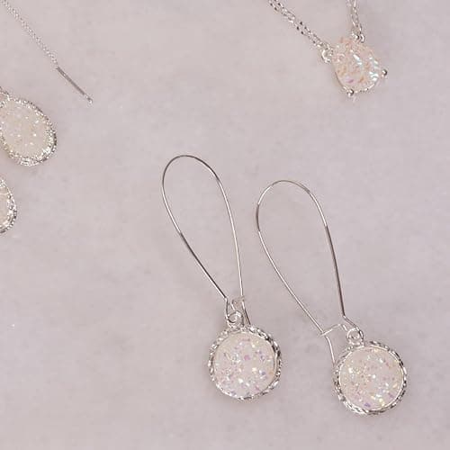 Simulated Druzy Threader Drop Earrings for Women - Gold, Silver, or Rose Gold Tone Trendy Boho Dangles with Sparkly Round Stone thumbnail 7