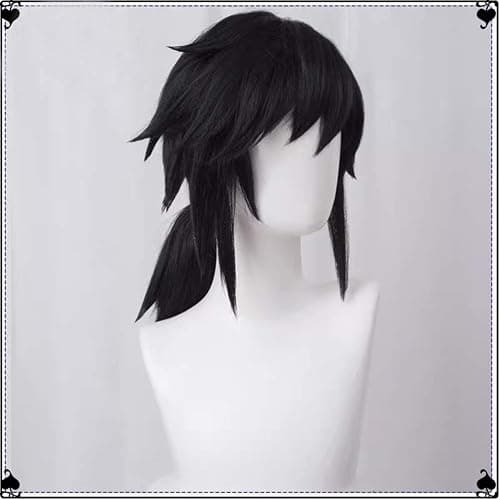 GZIRUE Giyu Giyuu Tomioka Wig Cosplay Black Fluffy Spiky Hair Costume Wig with Ponytail Wig Cap thumbnail 4