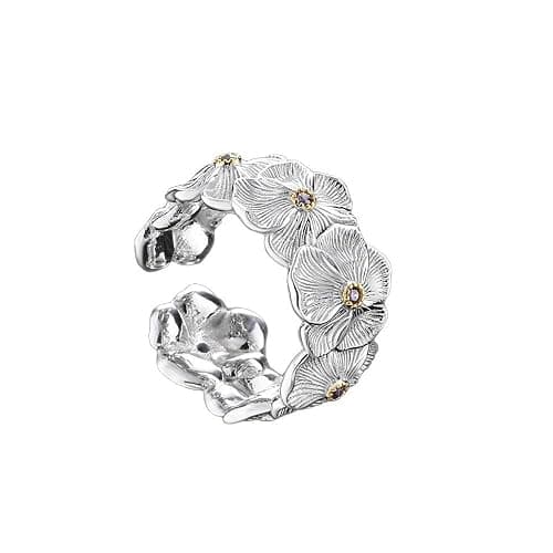 Dtja Textured Flower 925 Sterling Silver Adjustable Statement Ring for Women Vintage Jasmine Floral Expandable Open Wrap Finger Rings Comfort Fit Wedding Holiday Jewelry - Image 1