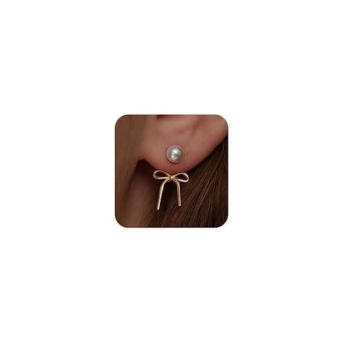 Risamil 14K Gold Plated/Silver Earrings for Women Trendy, Dainty Bow Earrings for Women Cute Pearl Huggie Earring Hoops Twist Rope Bow Stud Pearl Dangle Cubic Zirconia Earrings Jewelry Gifts - Image 1