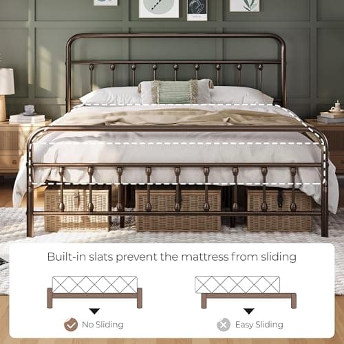 Yaheetech Classic Metal Platform Bed Frame Mattress Foundation with Victorian Style Iron-Art Headboard/Footboard/Under Bed Storage/No Box Spring Needed/King Size Bronze thumbnail 4