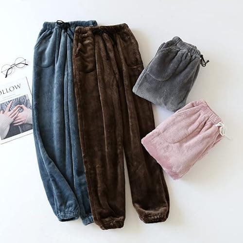 Women's Coral Fleece Pajama Pants Comfy Warm Pajama Lounge Long Pants Sleepwear Velvet Home Pants with Pockets - Grey - Medium thumbnail 7