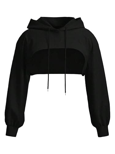 WDIRARA Women's Plus Size Drawstring Cropped Hoodie Long Sleeve Hooded Sweatshirts Streetwear - Image 1