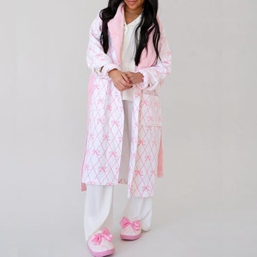 Muineobuka Women Cute Bow Fuzzy Robe Y2K Christmas Hooded Bathrobe Collared Plush Fleece Robe With Belt Xmas Loungewear thumbnail 2