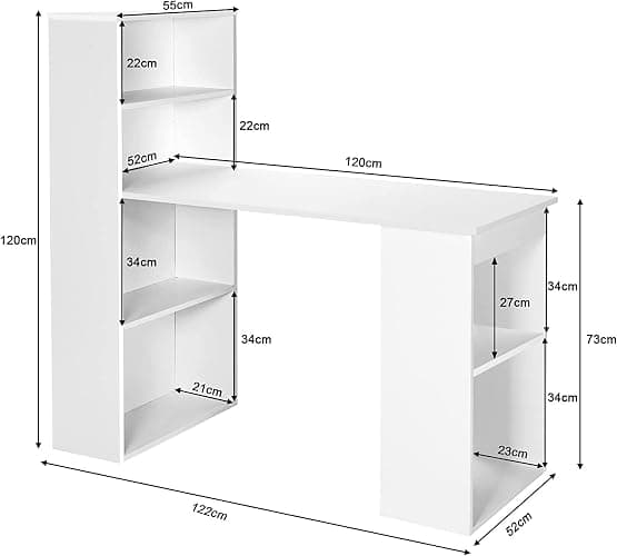 COSTWAY 122cm Computer Desk, Wooden PC Laptop Table Writing Workstation with 6-Tier Storage Bookshelves, Modern Home Office Working Study Desk (White) thumbnail 3