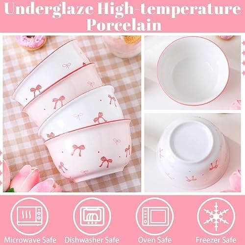 2 Piece Pink Bow Ceramic Bowl Set Underglaze High Color Ceramic Tableware Cute Soup Bowl College Style Dessert Pudding Fruit Salad Decoration Kitchen Decoration Pink White Bowl Couple Bowl Set Dormito thumbnail 9