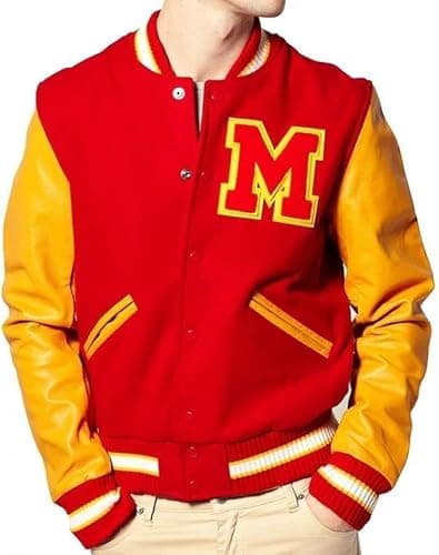 The Jasperz Thriler Red & Yellow M Logo Varsity Letterman Bomber Jacket - Wool and Faux Leather Bomber Jacket - Image 1