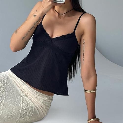 Women Y2k Babydoll Tank Tops Lace Trim V Neck Crop Cami Spaghetti Strap Peplum Top Summer Cute Aesthetic Flowy Shirts - Ruffle Black - Medium thumbnail 6