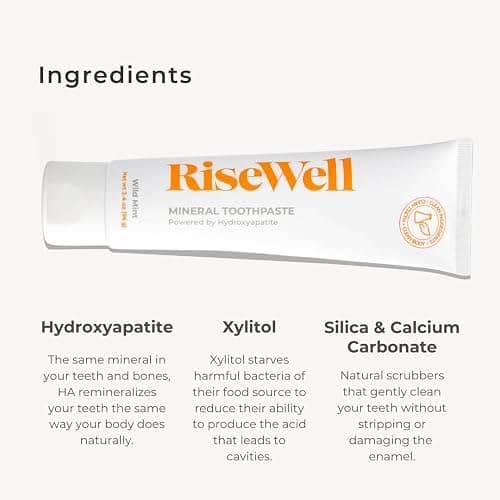 RiseWell Mineral Toothpaste - All Natural Toothpaste with Hydroxyapatite - Made in The USA, No Added Fluoride, SLS-Free - for a Stronger and Healthier Teeth, Wild Mint, 3.4 Oz thumbnail 3